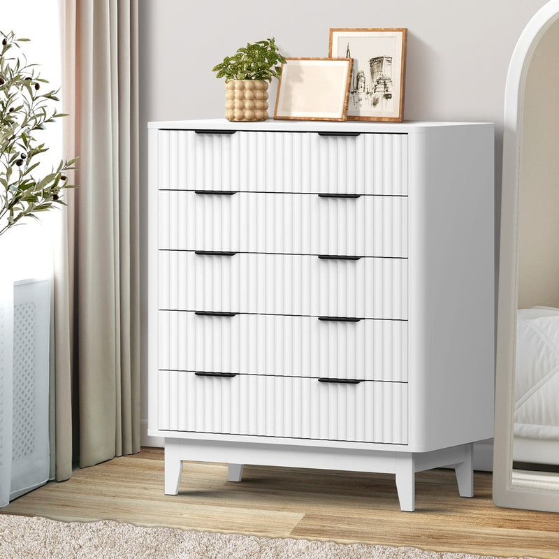 White 5 Drawer Tallboy Dresser with Stripe Design