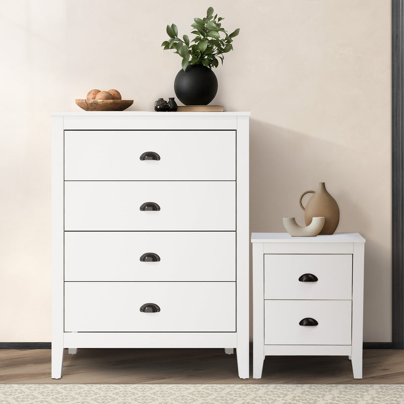 White Vintage Bedroom Set with 4 Drawer Dresser and Bedside Table