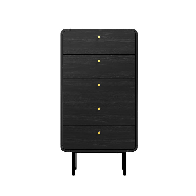 Black 5 Drawer Tallboy Dresser with Metal Handles