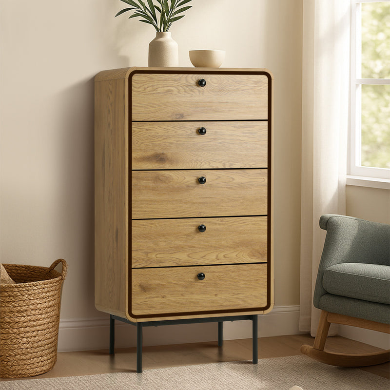 Natural 5 Drawer Tallboy Dresser with Metal Handles