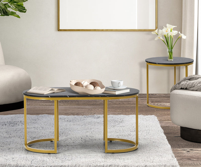 Set of 2 Black and Gold Coffee Tables with Marble Effect