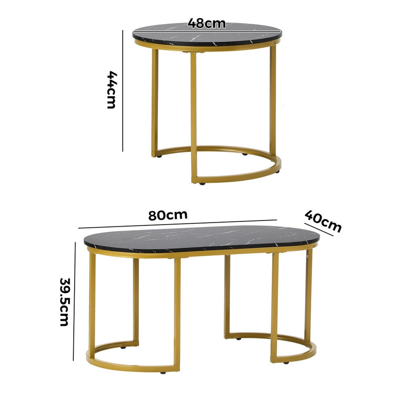 Set of 2 Black and Gold Coffee Tables with Marble Effect