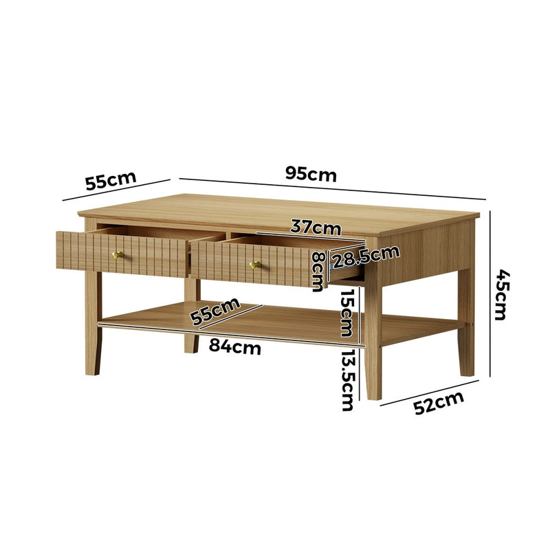 Natural Coffee Table with Storage Drawers and Open Shelving