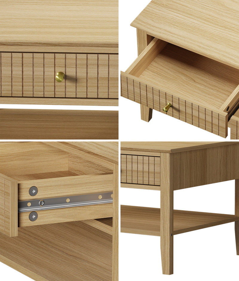 Natural Coffee Table with Storage Drawers and Open Shelving