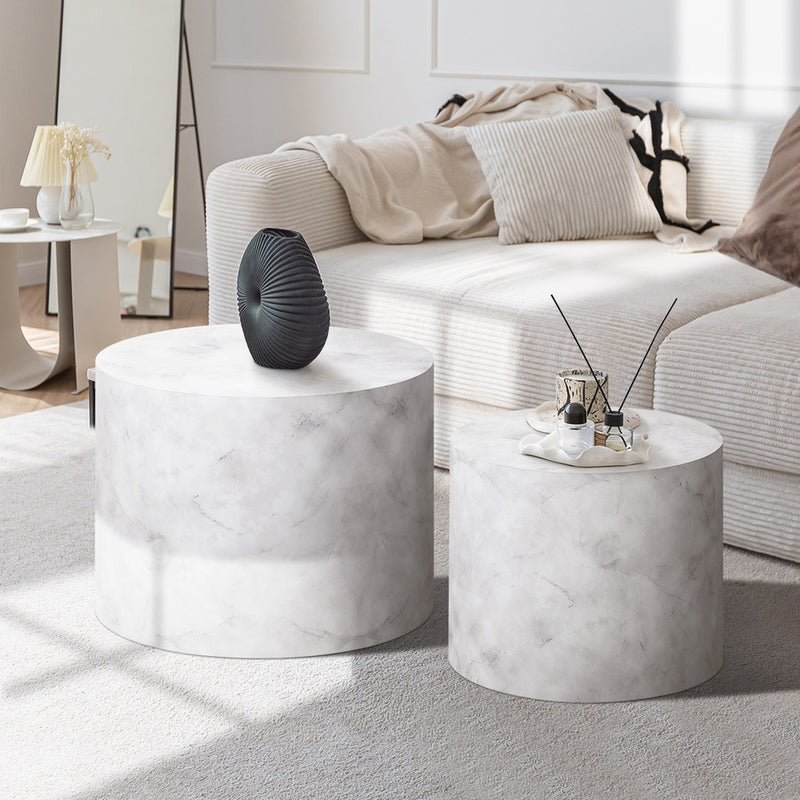 Set of 2 White Marble Effect Round Coffee Tables