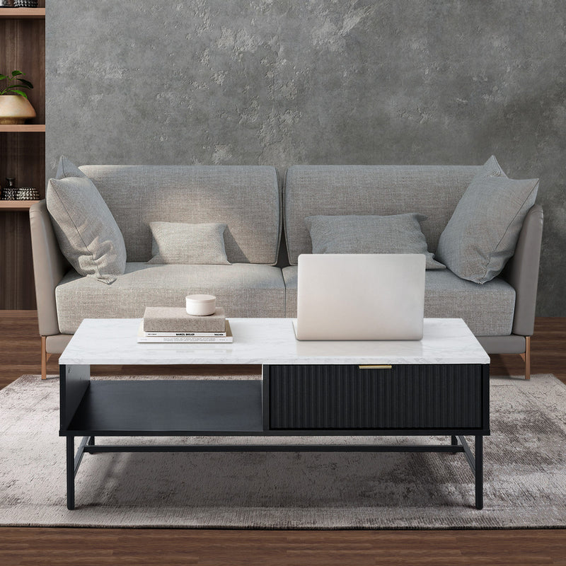 Black and White Sofa End Coffee Table with 1 Drawer and Open Shelf