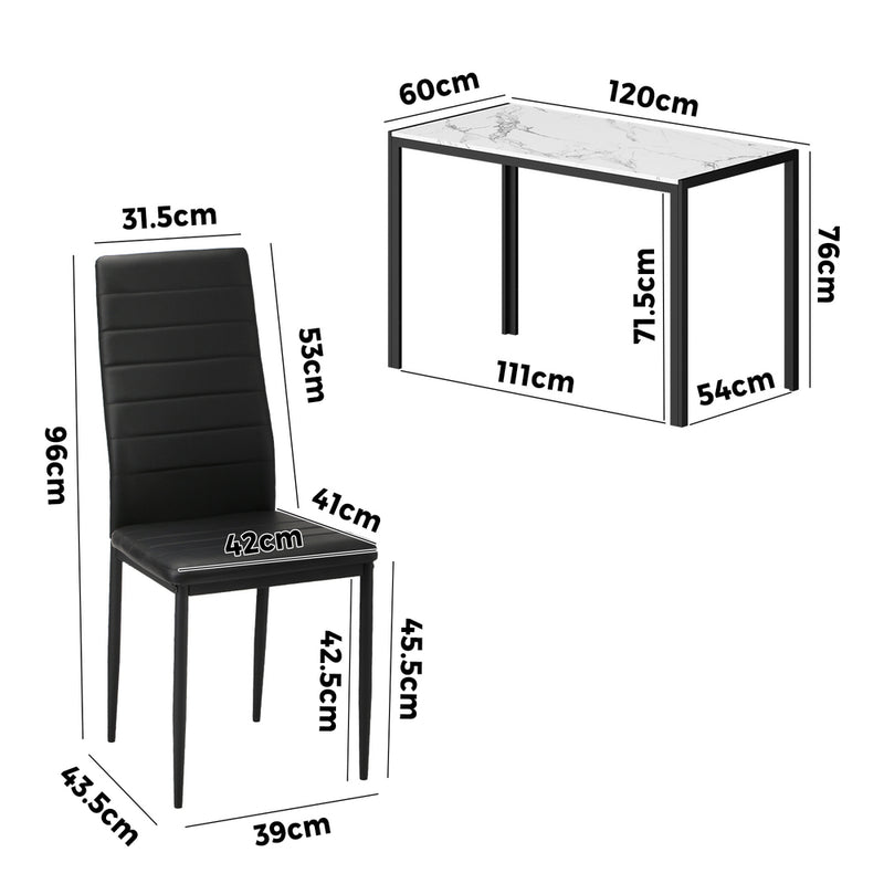 120cm White and Black Marble Rectangle Dining Table with 4 Dining Chairs