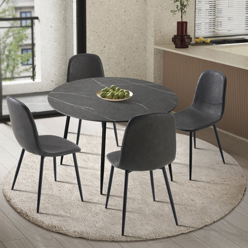 110cm Grey and Black PU Round Dining Table with 4 Dining Chairs