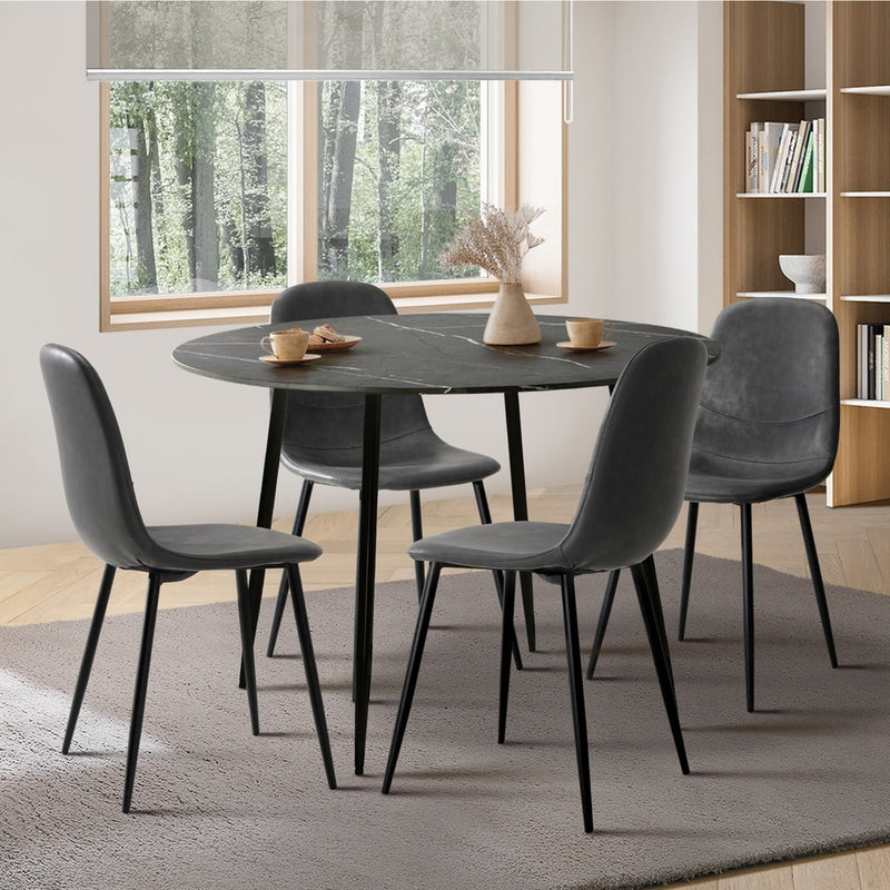 110cm Grey and Black PU Round Dining Table with 4 Dining Chairs