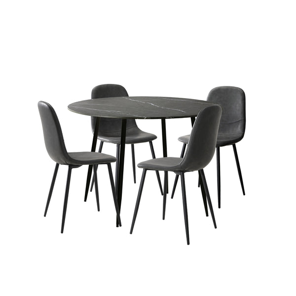 110cm Grey and Black PU Round Dining Table with 4 Dining Chairs