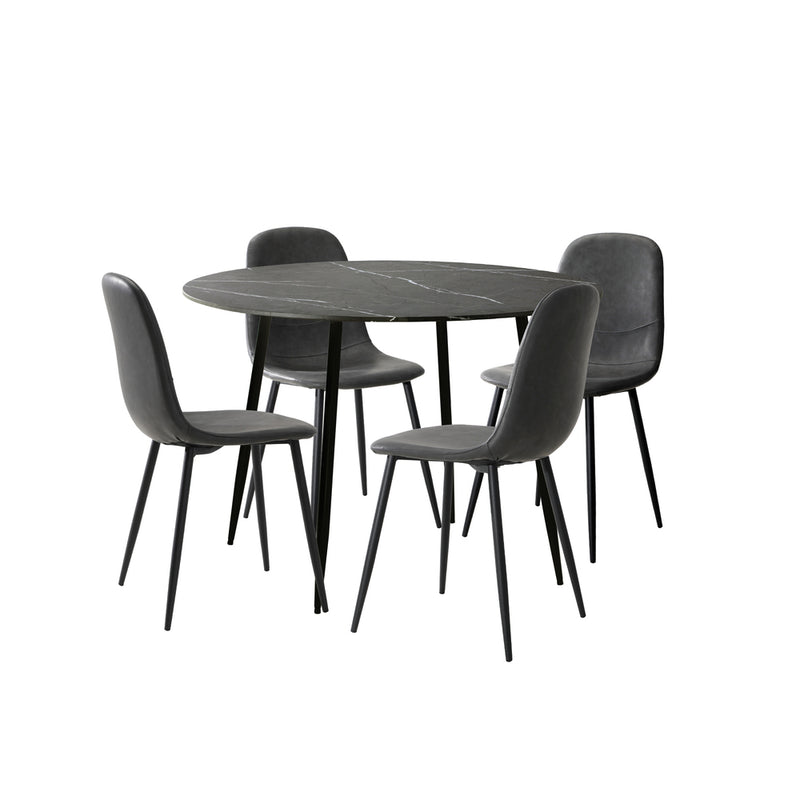 110cm Grey and Black PU Round Dining Table with 4 Dining Chairs