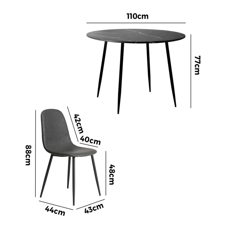 110cm Grey and Black PU Round Dining Table with 4 Dining Chairs
