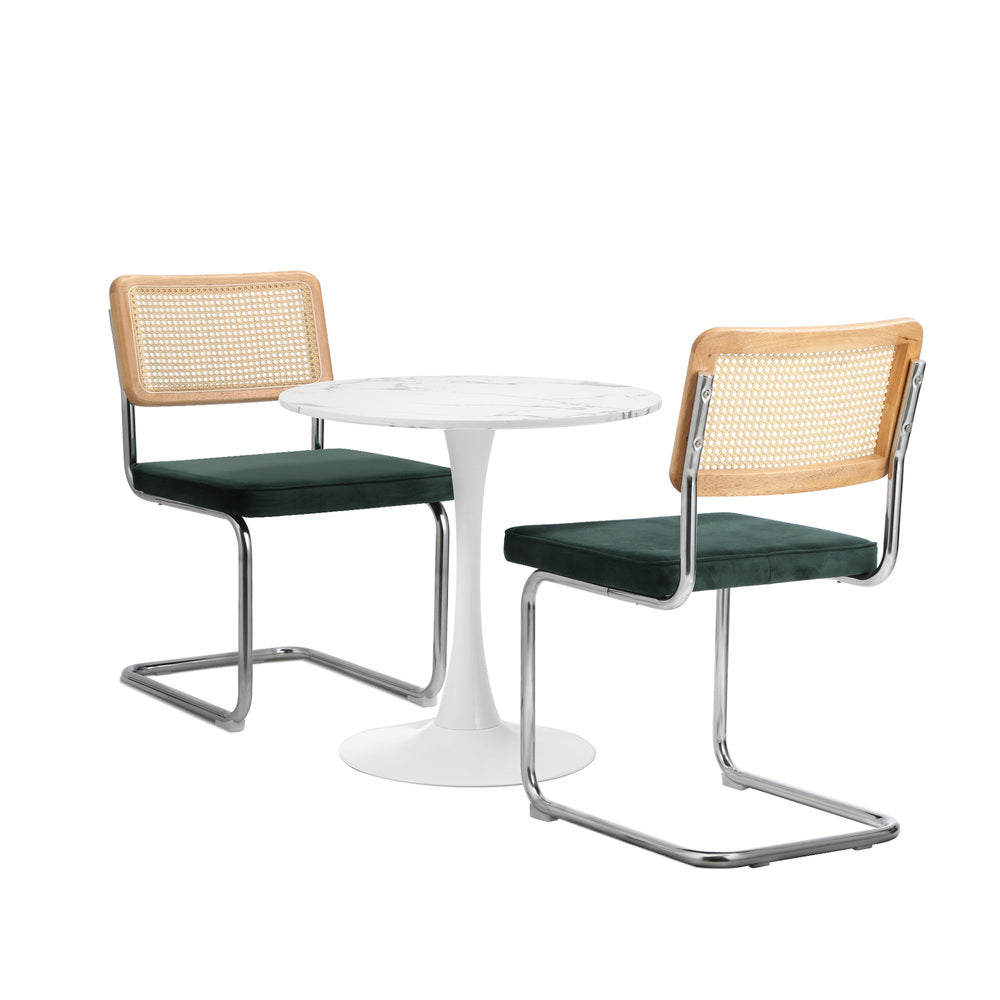 60cm Green Velvet Round Dining Table with 2 Dining Chairs