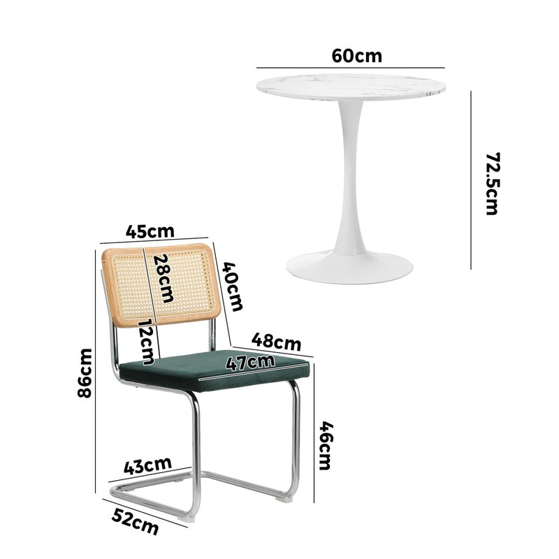 60cm Green Velvet Round Dining Table with 2 Dining Chairs