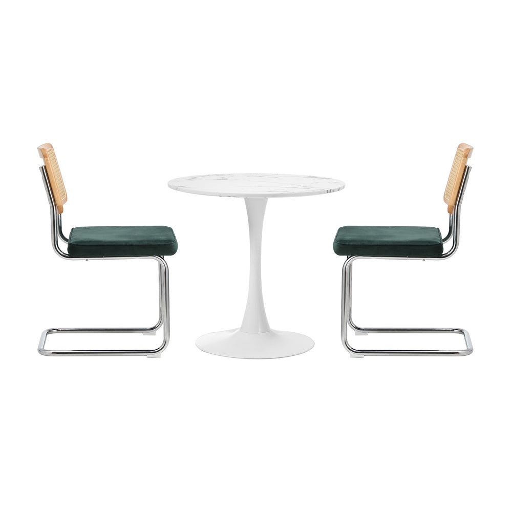 60cm Green Velvet Round Dining Table with 2 Dining Chairs