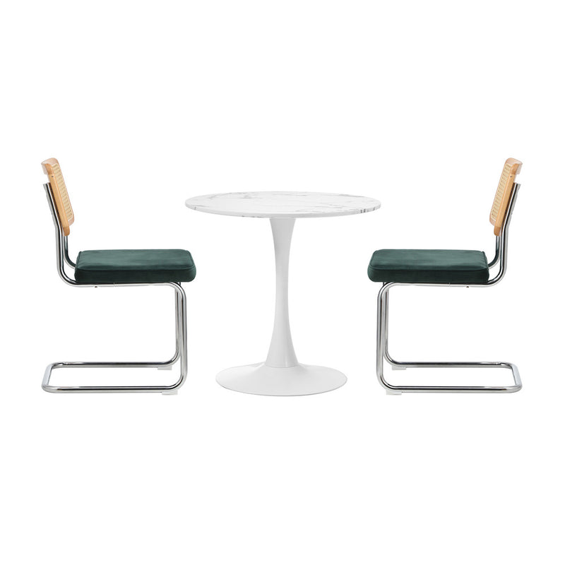 60cm Green Velvet Round Dining Table with 2 Dining Chairs