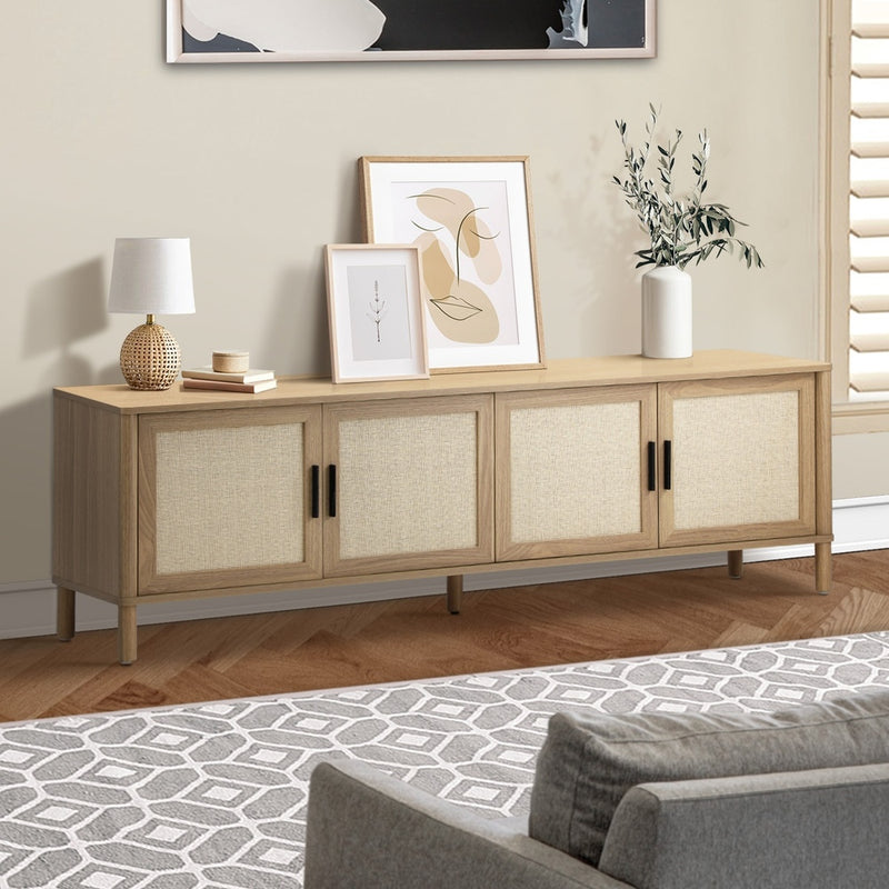 160cm Natural TV Cabinet Entertainment Unit Stand with Rattan Doors