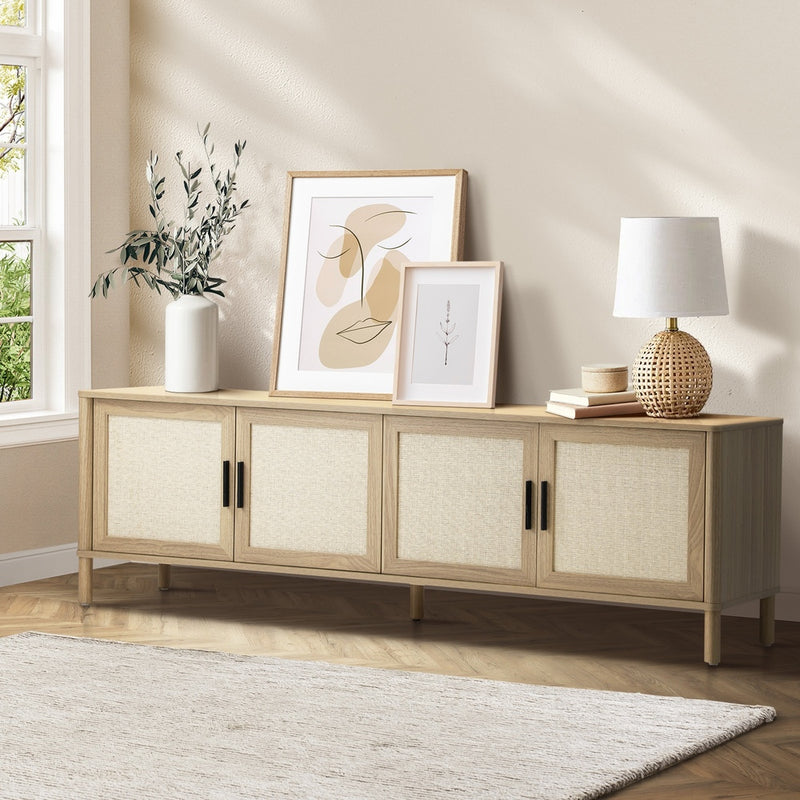 160cm Natural TV Cabinet Entertainment Unit Stand with Rattan Doors