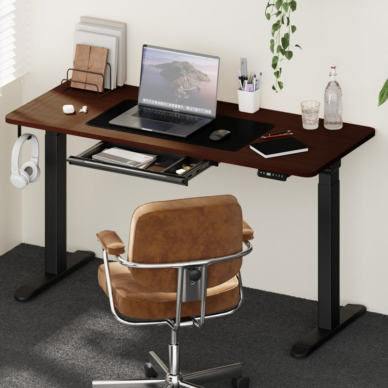 140cm Black and Walnut Electric Height Adjustable Standing Desk with Drawer