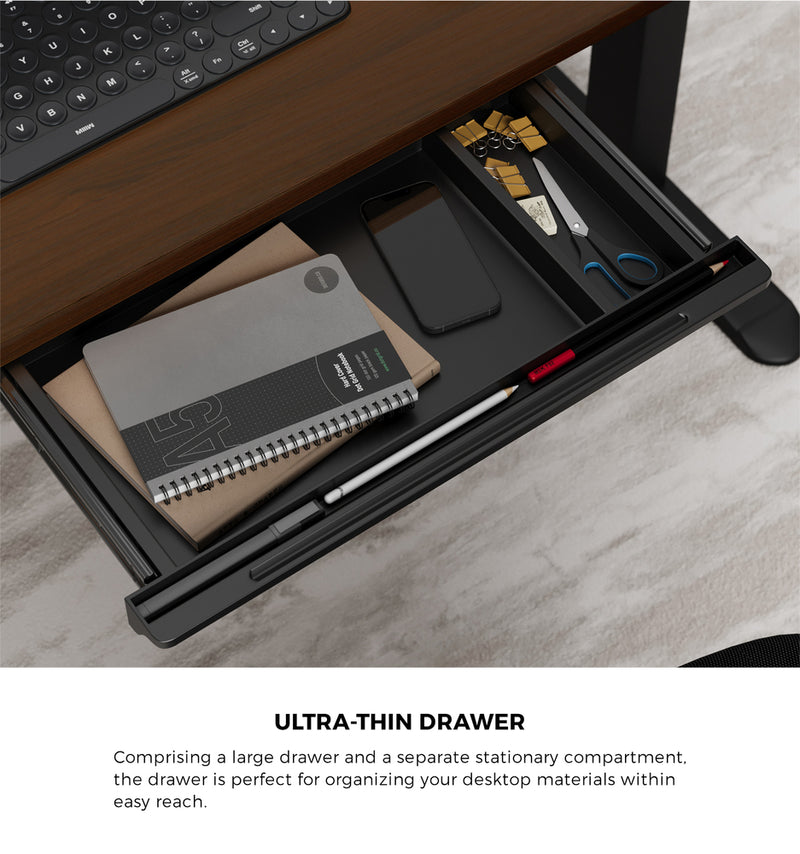 140cm Black and Walnut Electric Height Adjustable Standing Desk with Drawer