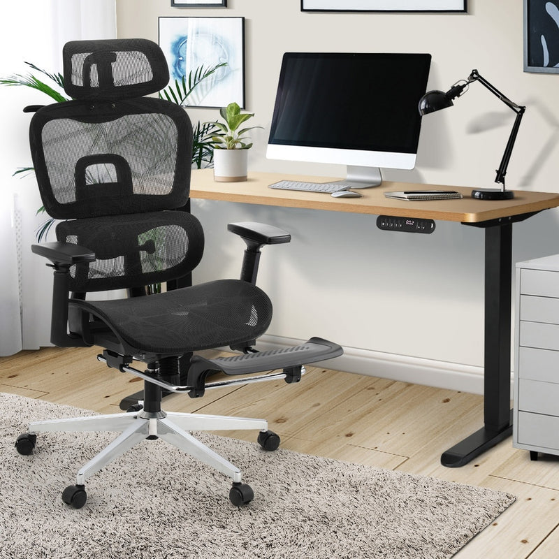 Black and Oak Sit Stand Office Desk and Ergonomic Mesh Chair Set