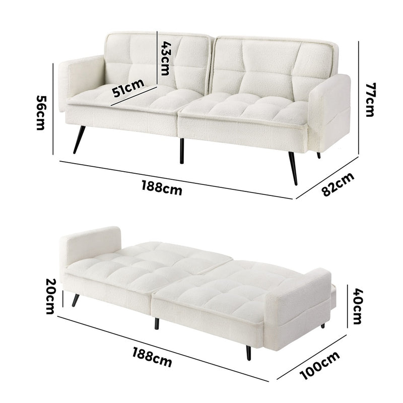 White Boucle Sherpa 3 Seater Convertible Sofa Bed Lounge Couch