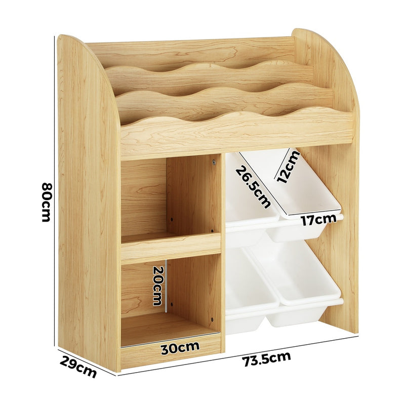 Kids Bookshelf Display Shelf with 4 Toy Storage Bins Organiser