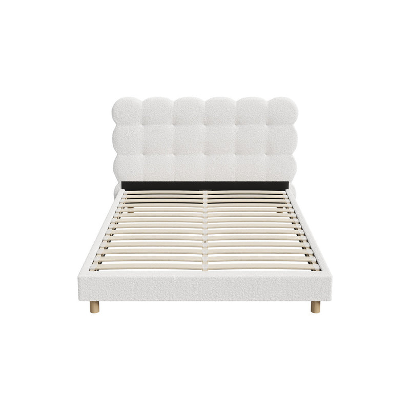 Double Bed Frame with White Boucle Fabric Tufted Bedhead