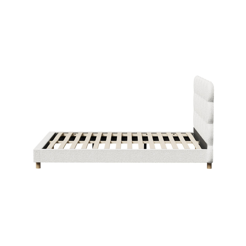 Double Bed Frame with White Boucle Fabric Tufted Bedhead