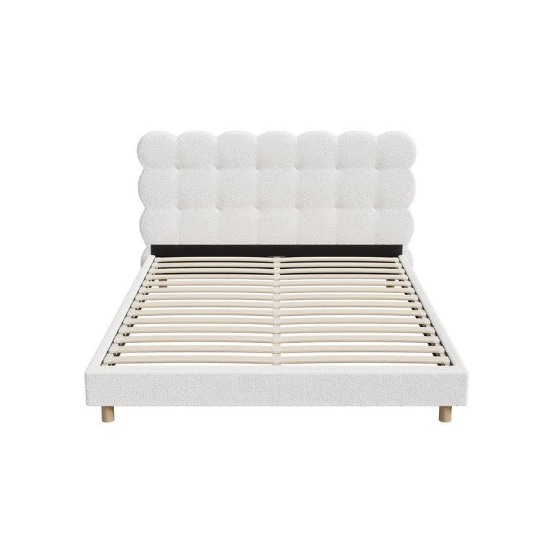 Queen Bed Frame with White Boucle Fabric Tufted Bedhead
