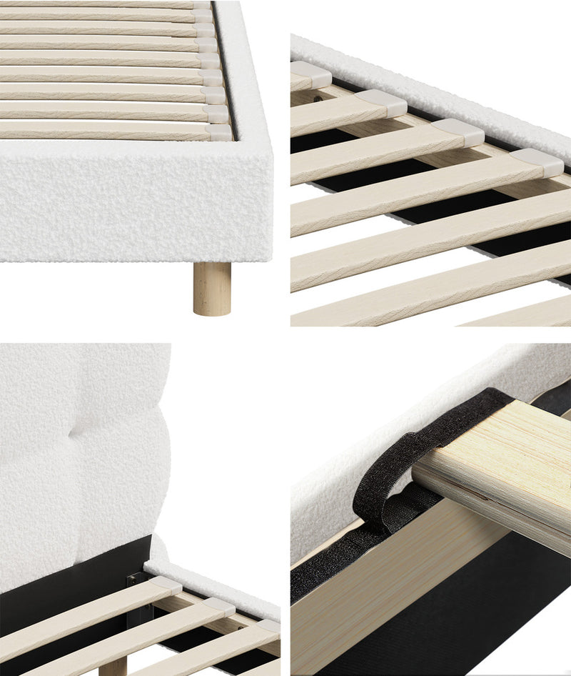Queen Bed Frame with White Boucle Fabric Tufted Bedhead