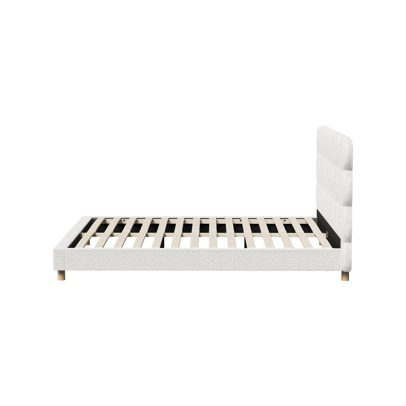 Queen Bed Frame with White Boucle Fabric Tufted Bedhead