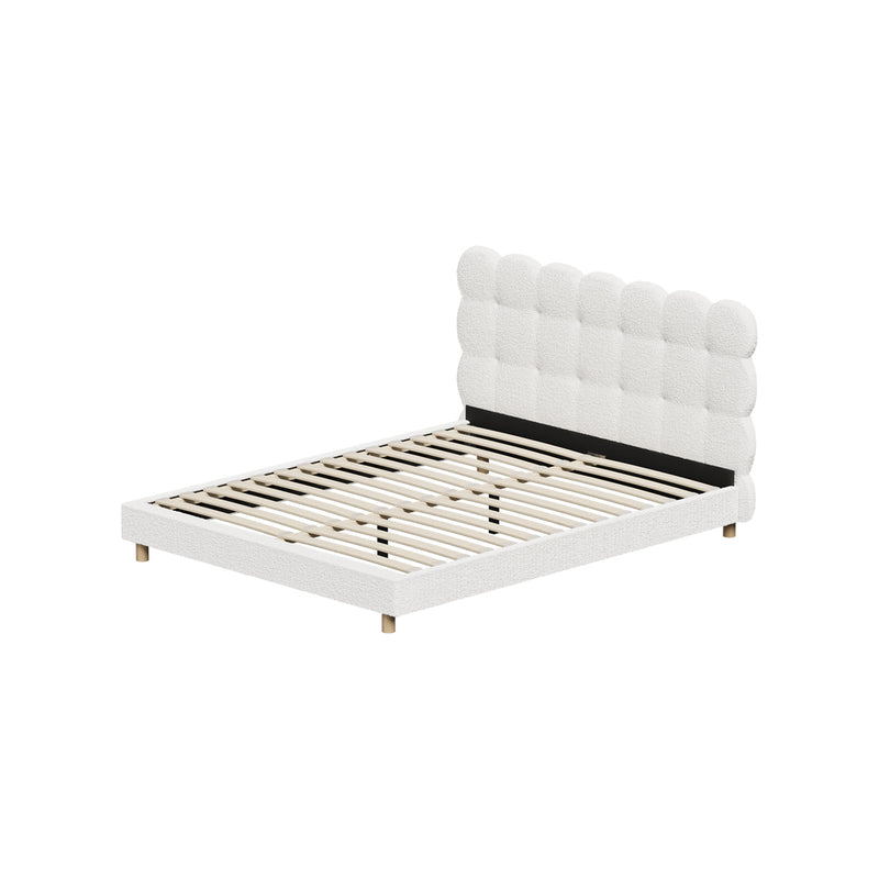 Queen Bed Frame with White Boucle Fabric Tufted Bedhead