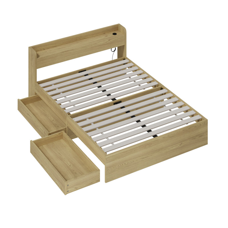 Double Bed Frame with Two Drawers and Charging Ports