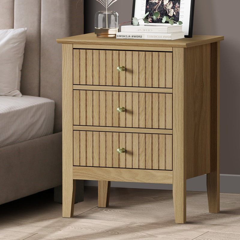 Natural Bedside Table Nightstand with Three Drawers