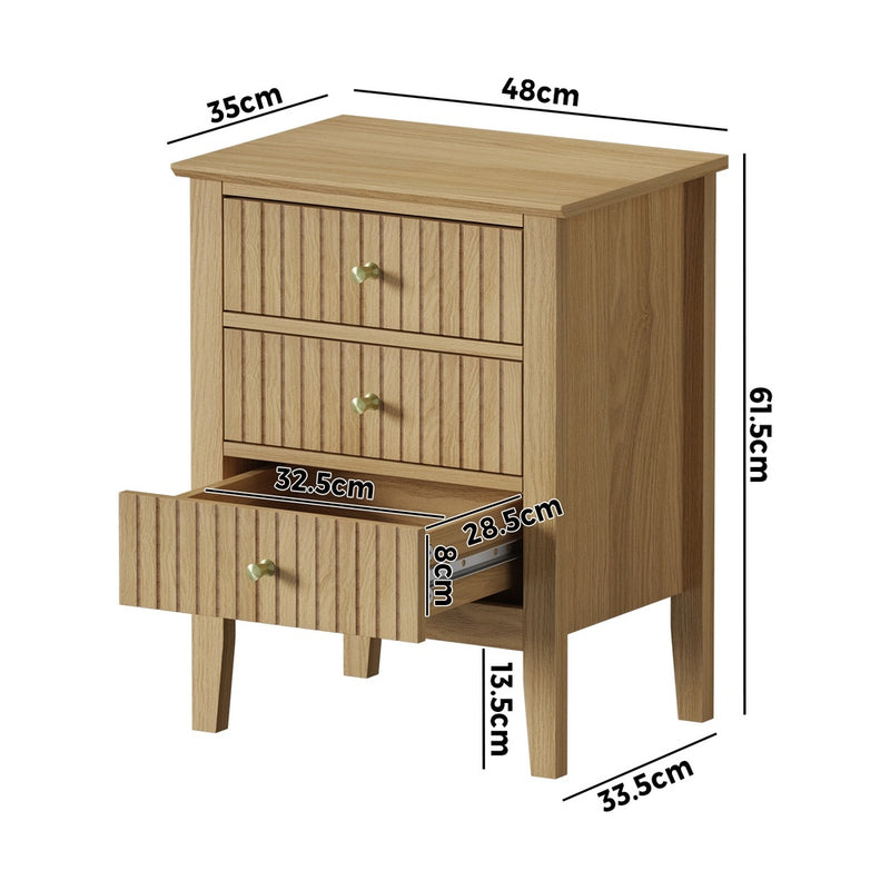 Natural Bedside Table Nightstand with Three Drawers