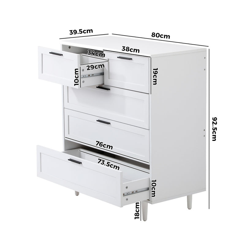 White Tallboy Dresser with Five Drawers