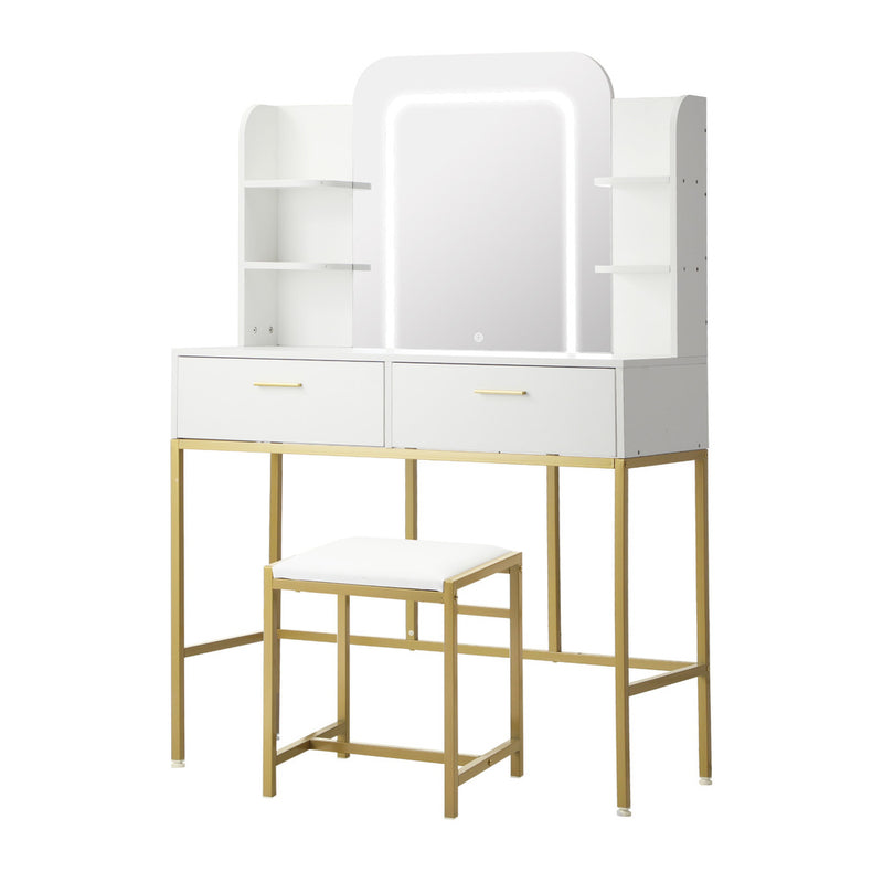 White and Gold Dressing Table and Stool Set with LED Mirror Vanity Desk