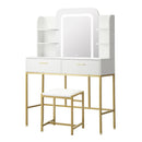 White and Gold Dressing Table and Stool Set with LED Mirror Vanity Desk