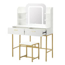 White and Gold Dressing Table and Stool Set with LED Mirror Vanity Desk