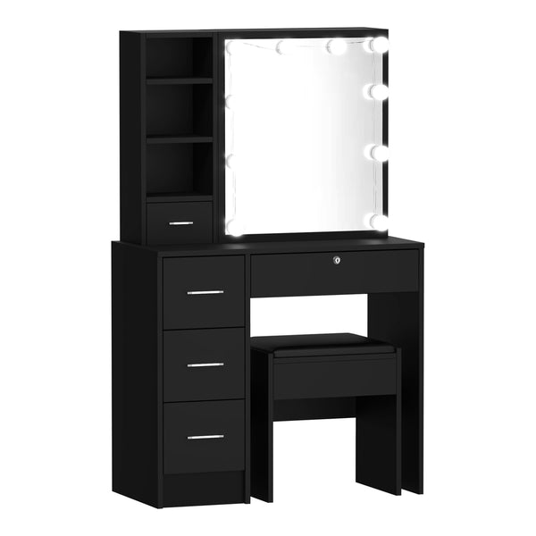 Black Dressing Table and Stool Set with Slide Mirror Drawer and 10 LED Bulbs