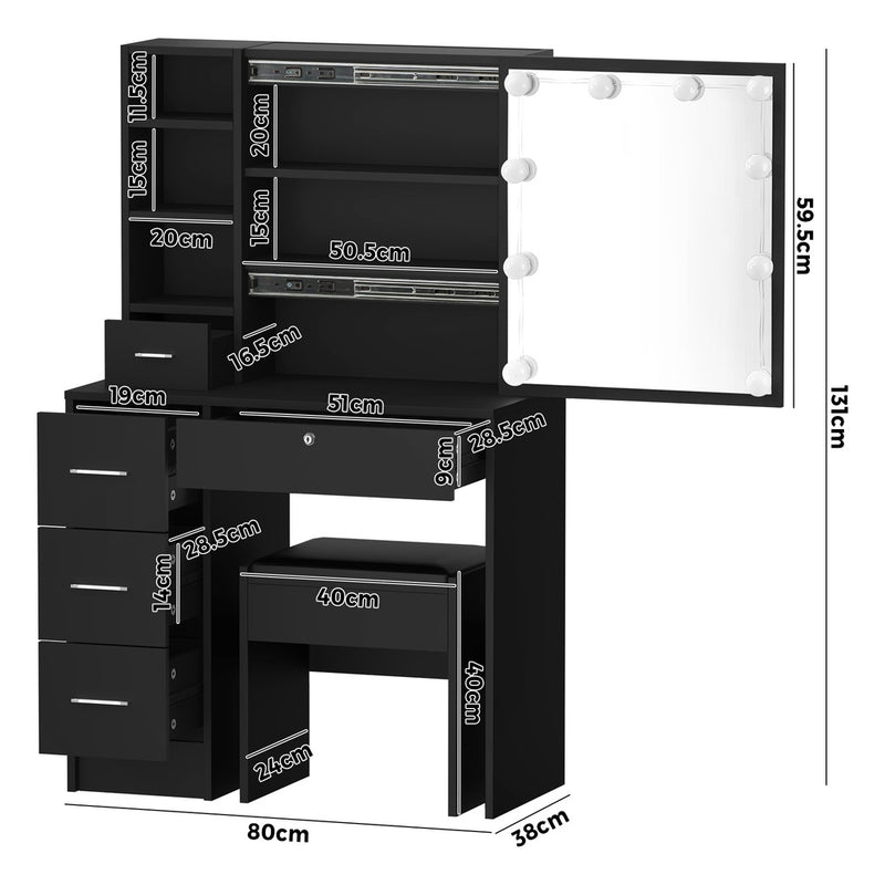 Black Dressing Table and Stool Set with Slide Mirror Drawer and 10 LED Bulbs