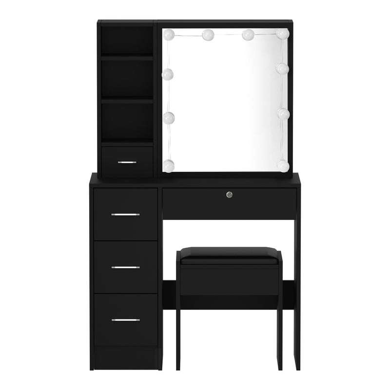 Black Dressing Table and Stool Set with Slide Mirror Drawer and 10 LED Bulbs