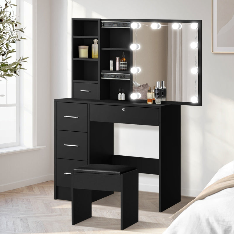 Black Dressing Table and Stool Set with Slide Mirror Drawer and 10 LED Bulbs