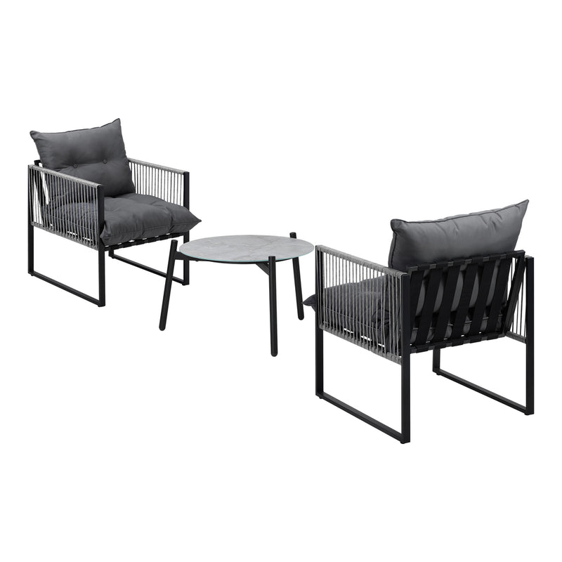 3 Pieces Grey Outdoor Patio Set with Table and Cushioned Armchairs