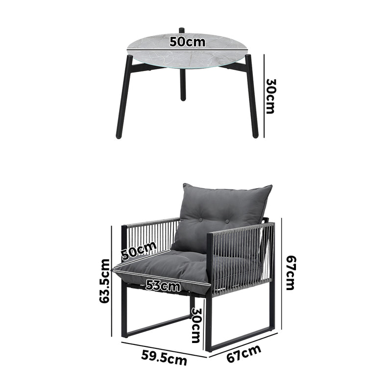 3 Pieces Grey Outdoor Patio Set with Table and Cushioned Armchairs