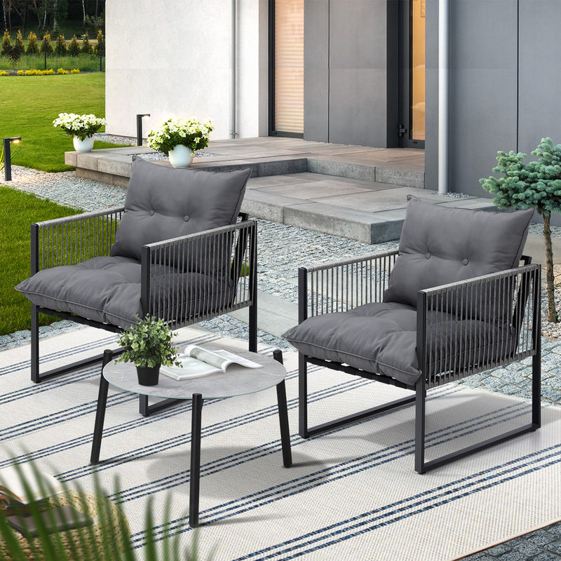 3 Pieces Grey Outdoor Patio Set with Table and Cushioned Armchairs