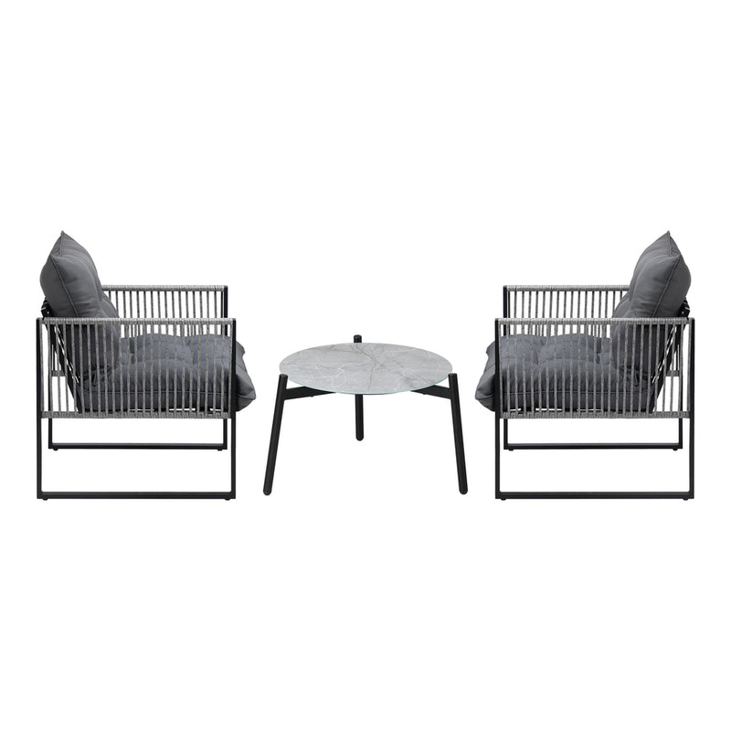 3 Pieces Grey Outdoor Patio Set with Table and Cushioned Armchairs
