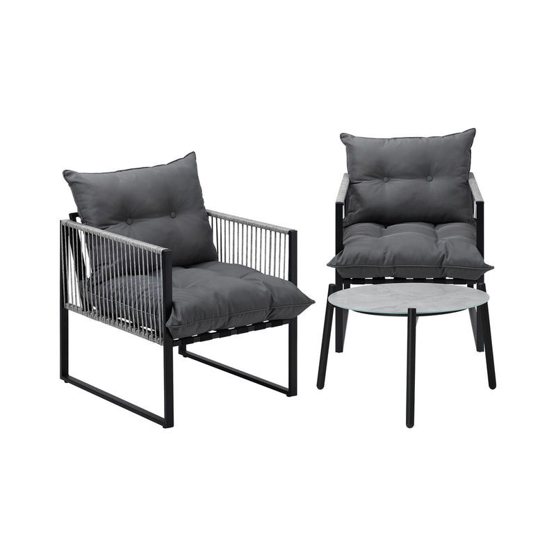 3 Pieces Grey Outdoor Patio Set with Table and Cushioned Armchairs