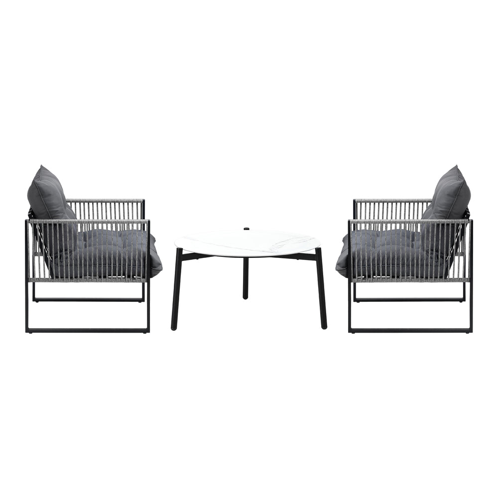 3 Pieces White Outdoor Patio Set with Table and Cushioned Armchairs